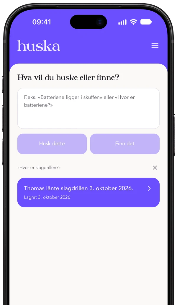Huska på iPhone: «Hvor er slagdrillen?», og det Huska fant: «Thomas lånte slagdrillen 3. oktober 2026.»